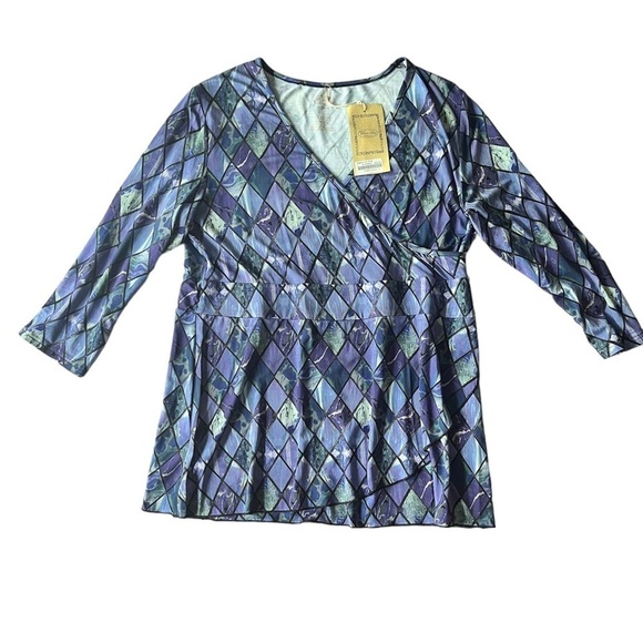 BLUE SKY Bamboo cross over neckline,purple blue diamond print blouse LARGE NWT - Picture 13 of 13